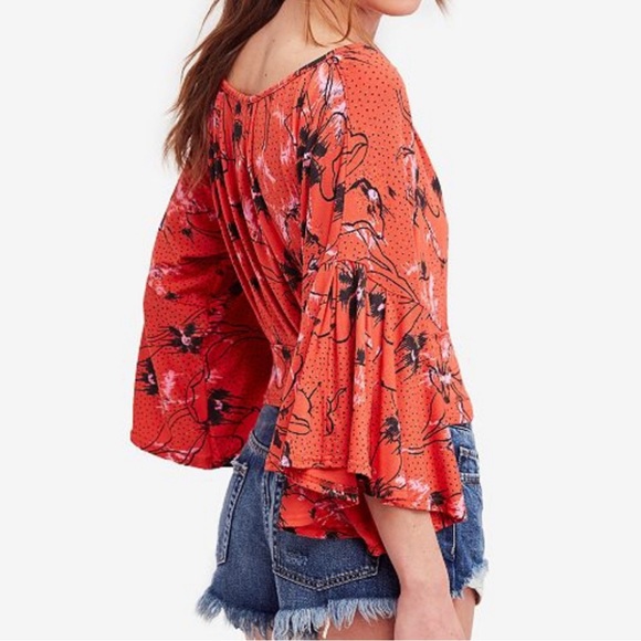Free People Printed Last Time Floral Wrap Crop Blouse Black Bell Sleeves Size M - Picture 5 of 16
